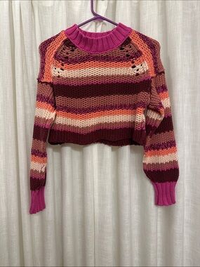 Free People Cropped Knit Sweater in Pink & Burgundy